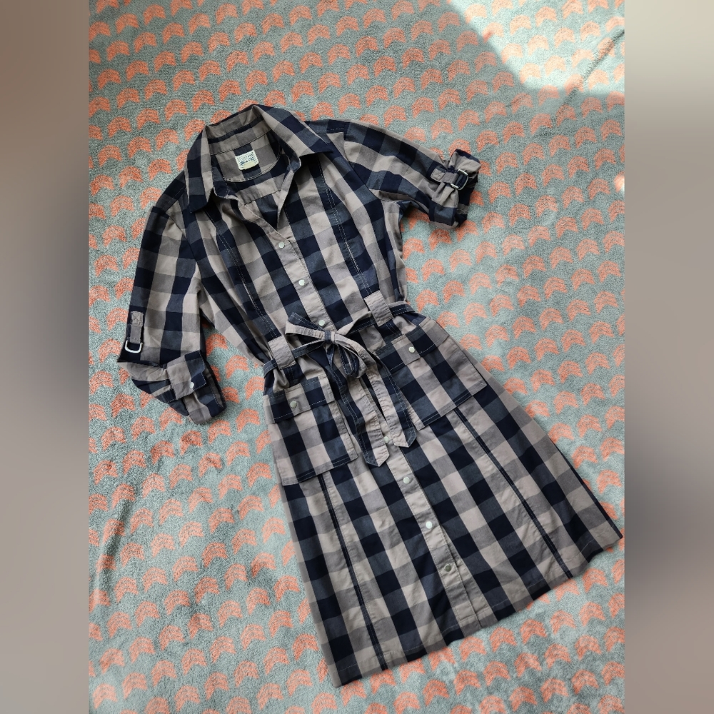 Converse One Star Grey/Taupe/Navy Plaid Shirt Dress with Tie Waist Size Medium